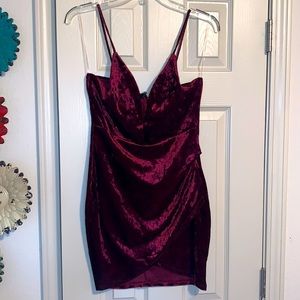 Velvet maroon, low V neck, mini dress, size M
